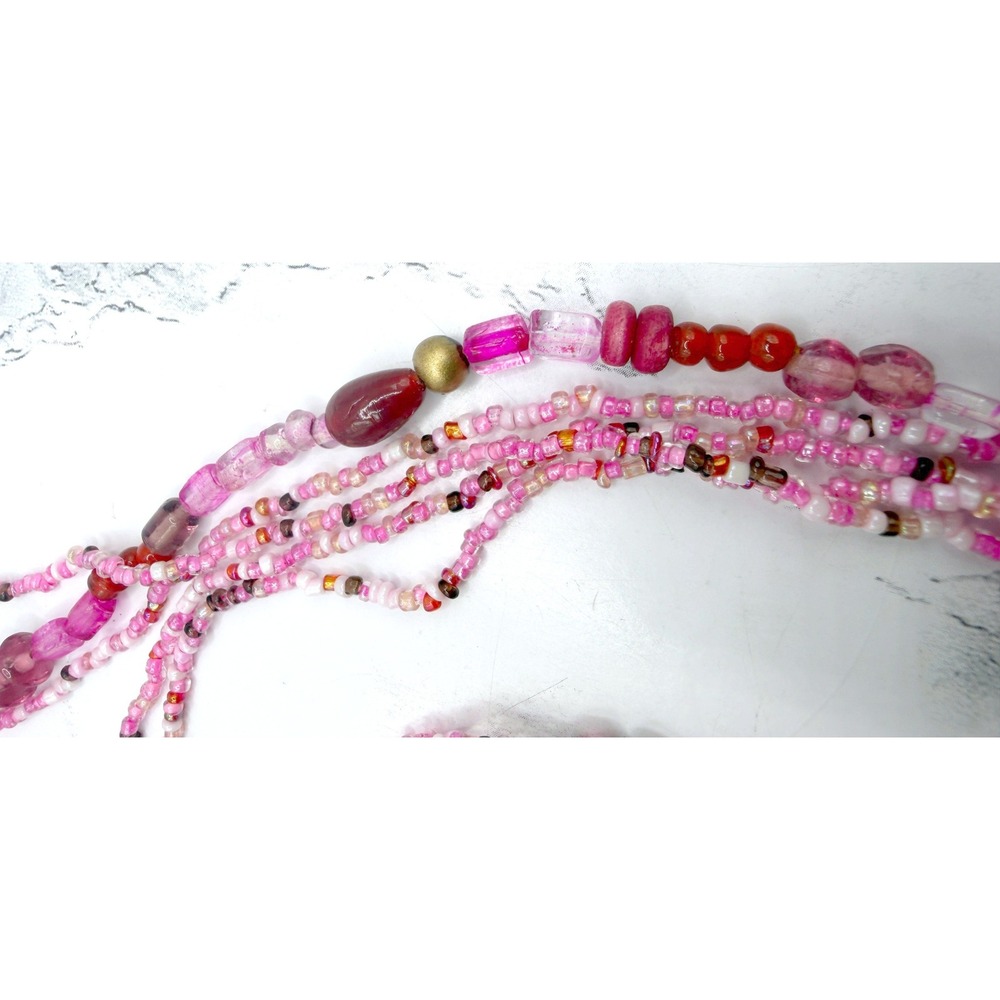 Pink 5 Strand Beaded Necklace Glass Beads Gold Bubblegum Barbiecore 30" - Picture 6 of 8